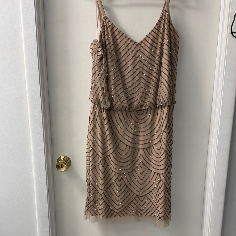 Adrianna Papell Nude Beaded Spaghetti Strap Mini Dress